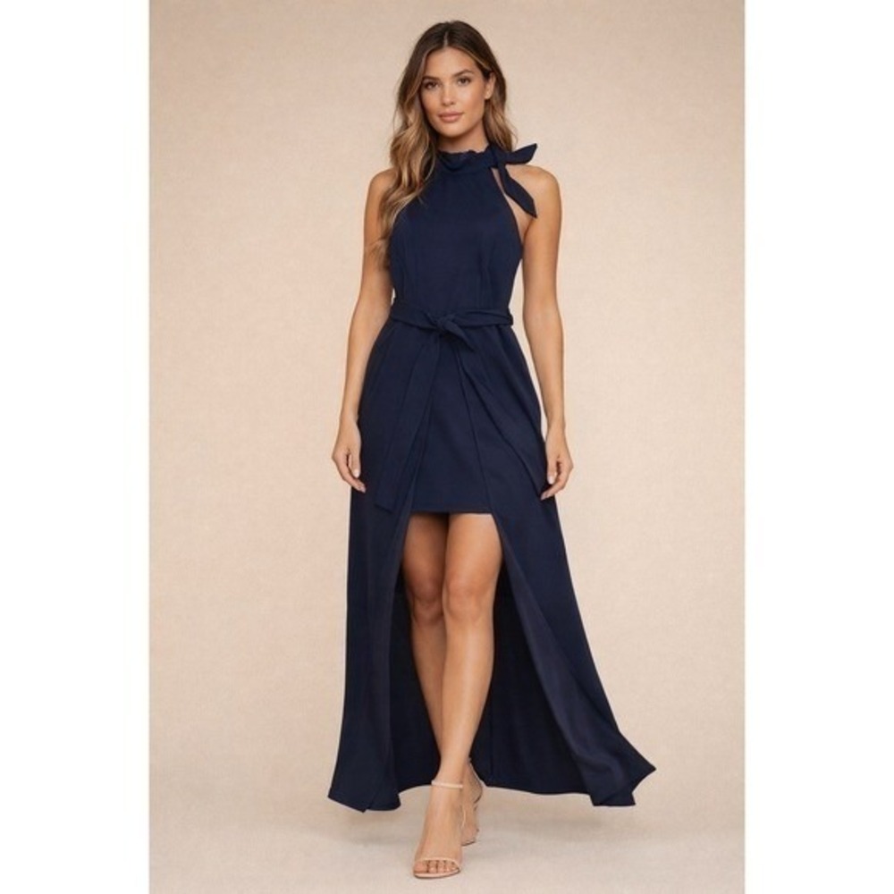 Women's Navy Blue Halter Mini Dress Train Tie Neck High-Low Cocktail Party Sz 5